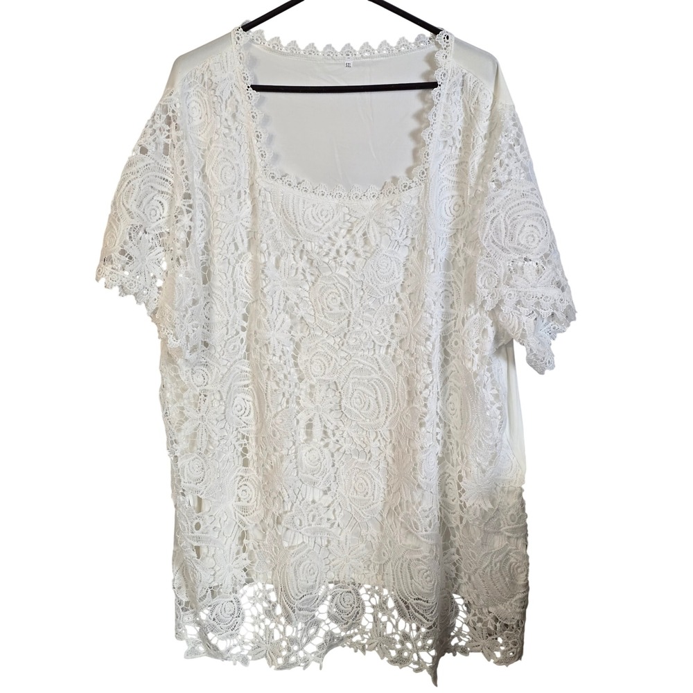 White Floral Rose Lace Overlay Short Sleeve Top Plus Size 5XL Scalloped‎ Trim